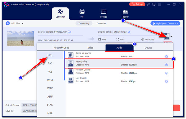 AnyRec Video Converter: выбор MP3 в качестве формата