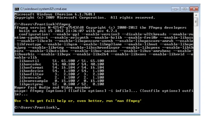 Пример работы FFmpeg в командной строке Windows