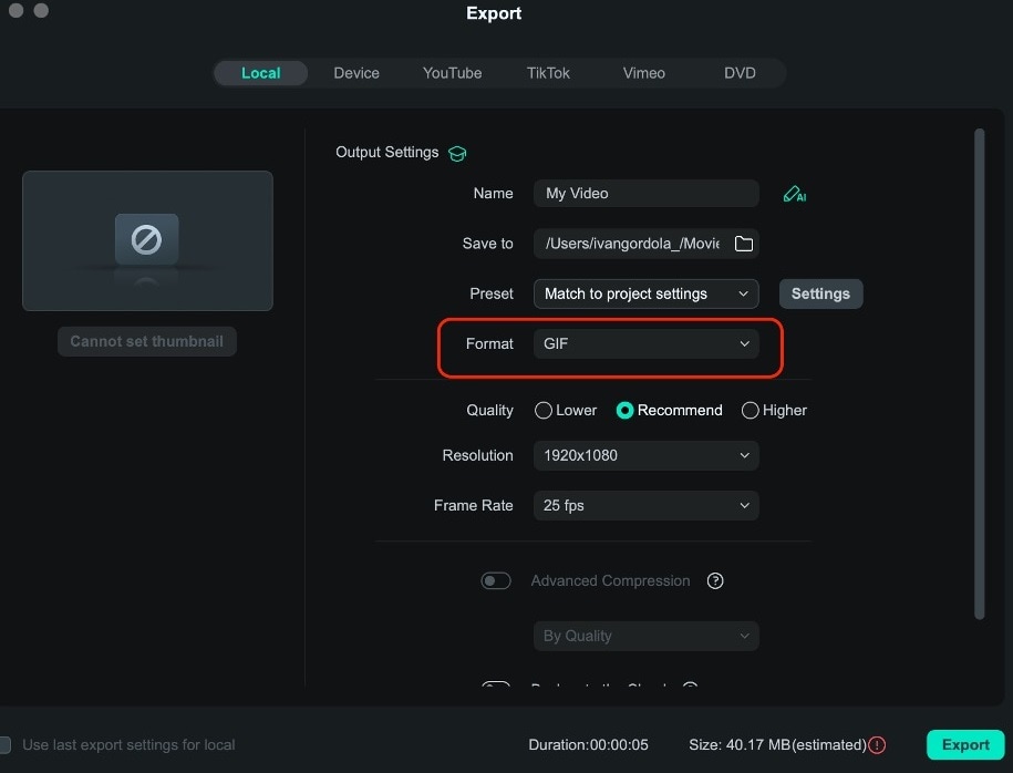 Wondershare Filmora: окно Export с форматом GIF, разрешением и частотой кадров