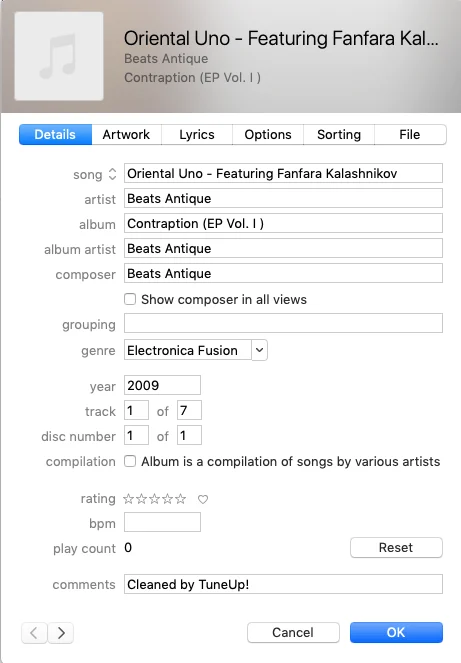 Окно Song Info в iTunes с полями музыкальных метаданных