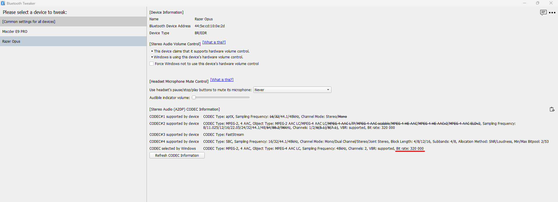 Интерфейс Bluetooth Tweaker со списком CODEC supported by device и строкой CODEC selected by Windows