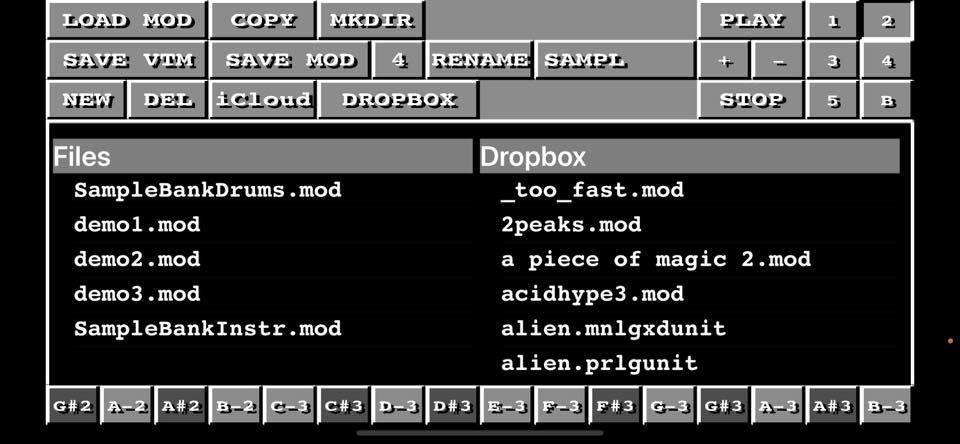 VividTracker: файловый экран с LOAD MOD, SAVE MOD и списком модулей