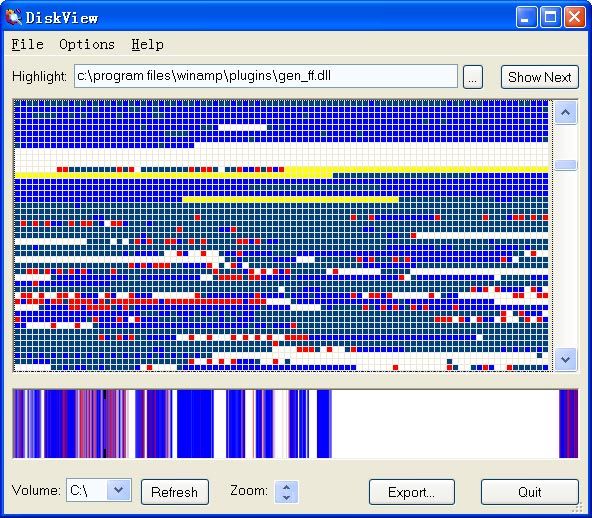 Sysinternals DiskView показывает карту кластеров и выделенный файл на томе