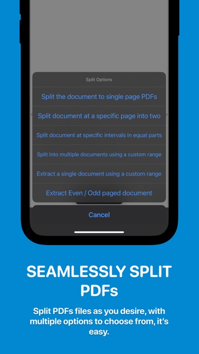 PDFs Split & Merge на iPhone: варианты Split по странице, интервалу, диапазону и четным или нечетным листам