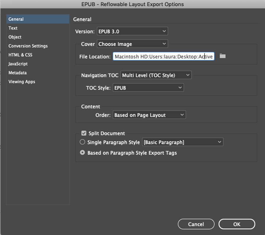 Adobe InDesign: окно EPUB Reflowable Layout Export Options