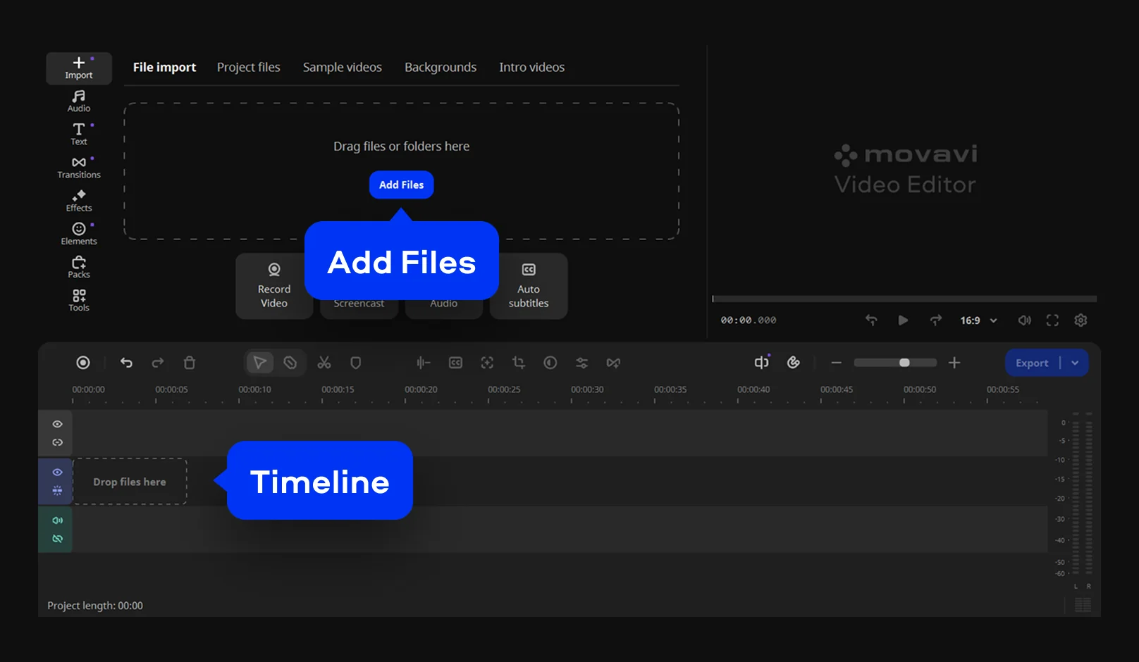 Импорт файла и временная шкала Movavi Video Editor