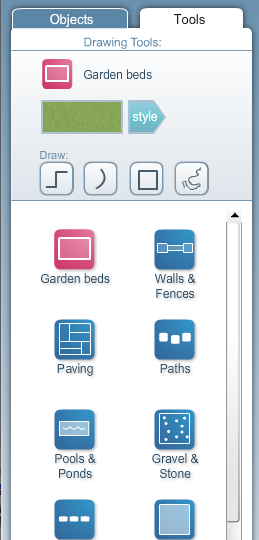 Панель Drawing Tools в Garden Planner с инструментами Garden beds, Walls & Fences, Paving, Paths, Pools & Ponds, Gravel & Stone
