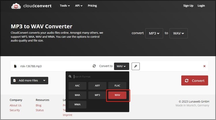 Интерфейс CloudConvert с выбором выходного аудиоформата WAV