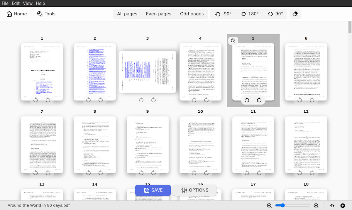 Интерфейс PDFsam с выбором All pages, Even pages, Odd pages и угла поворота