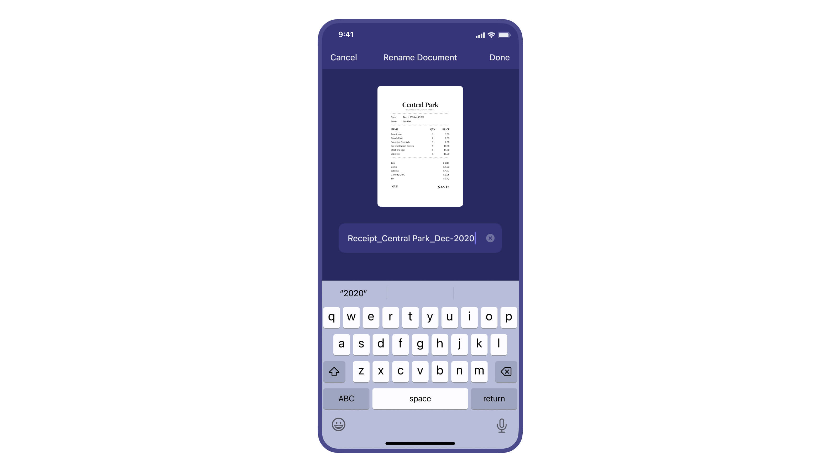 Переименование скана в Scanner Pro