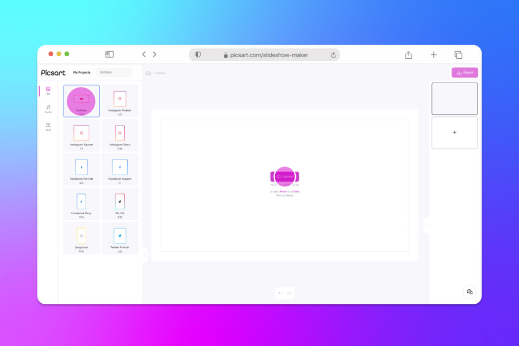 Интерфейс Picsart Slideshow Maker с шаблонами и рабочей областью
