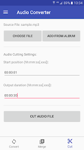 Audio Converter на Android: вкладка Cut с выбором начала и длительности