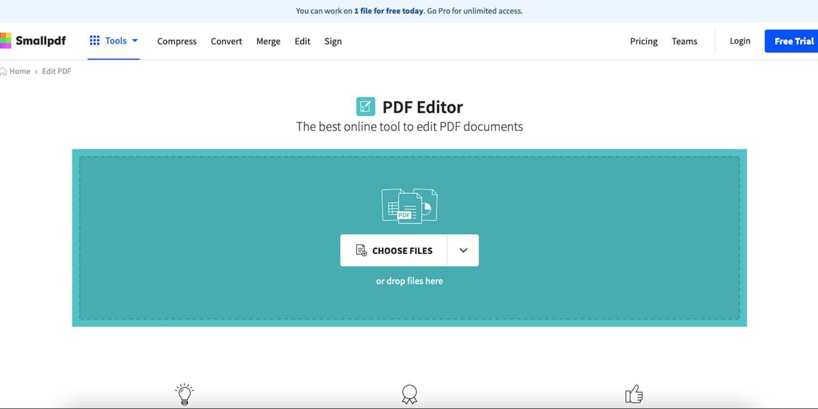 Smallpdf: интерфейс онлайн-редактора PDF