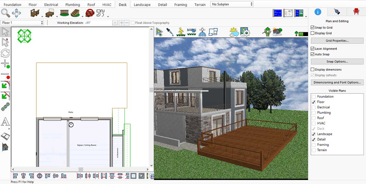 Интерфейс Punch Home & Landscape Design с трехмерным видом дома и инструментами участка