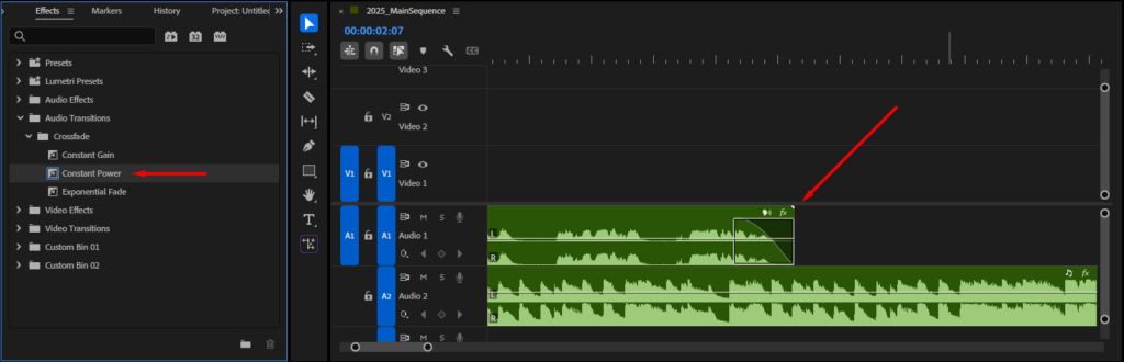 Аудиопереход Constant Power в Adobe Premiere Pro