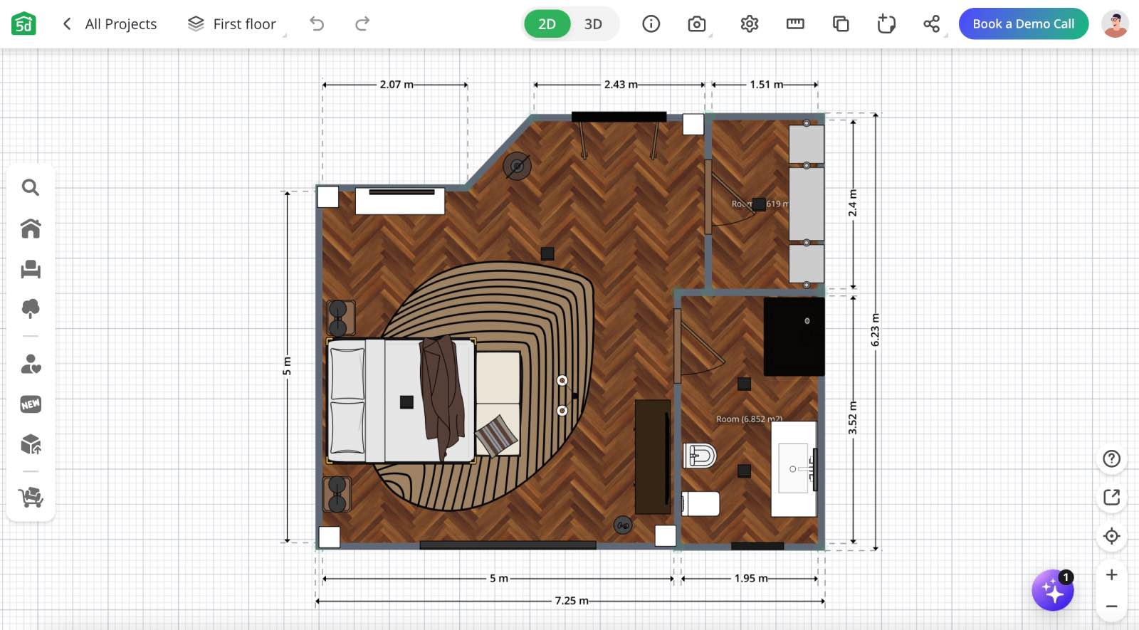 Интерфейс Planner 5D в режиме 2D-плана с размерами помещения