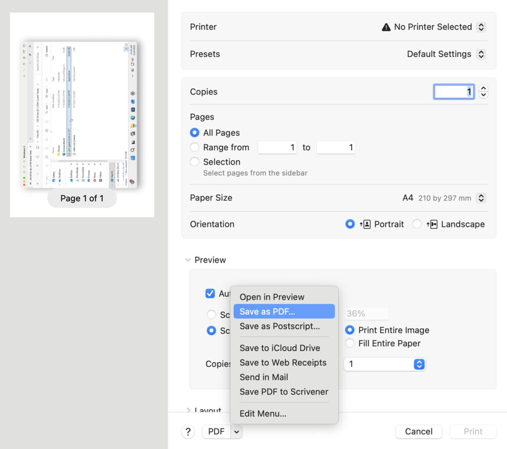 Диалог печати macOS с командой Save as PDF