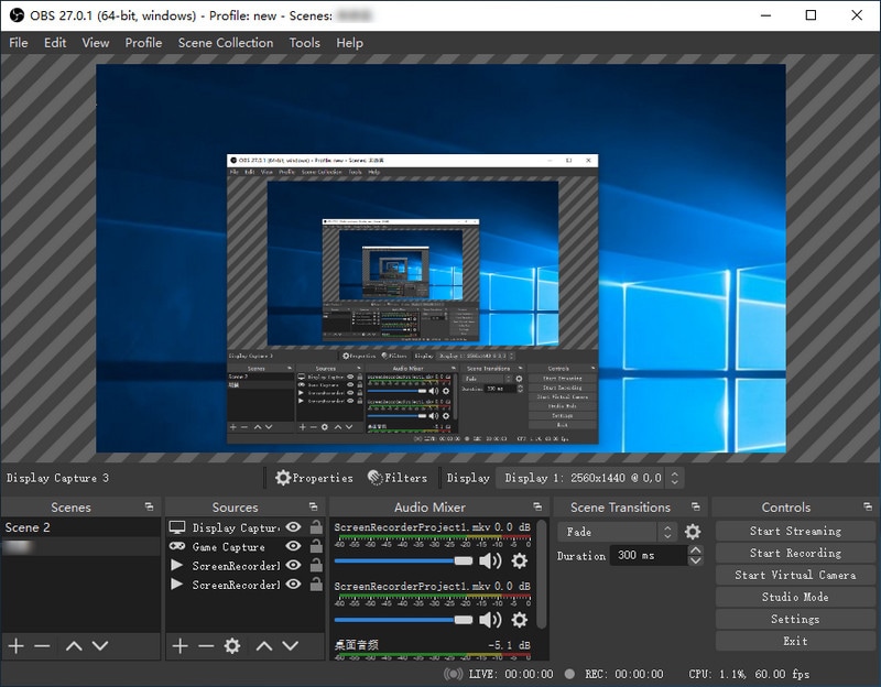 Интерфейс OBS Studio: экран 1
