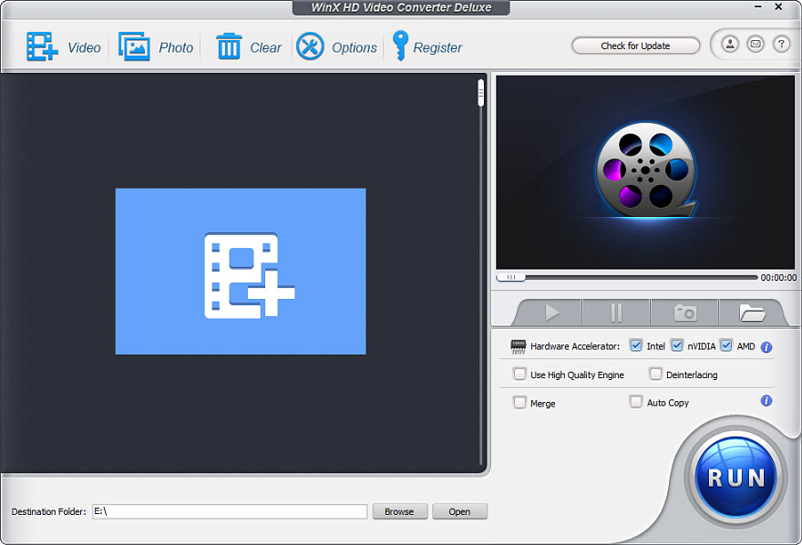 Интерфейс WinX Video Converter с панелью импорта и конвертации