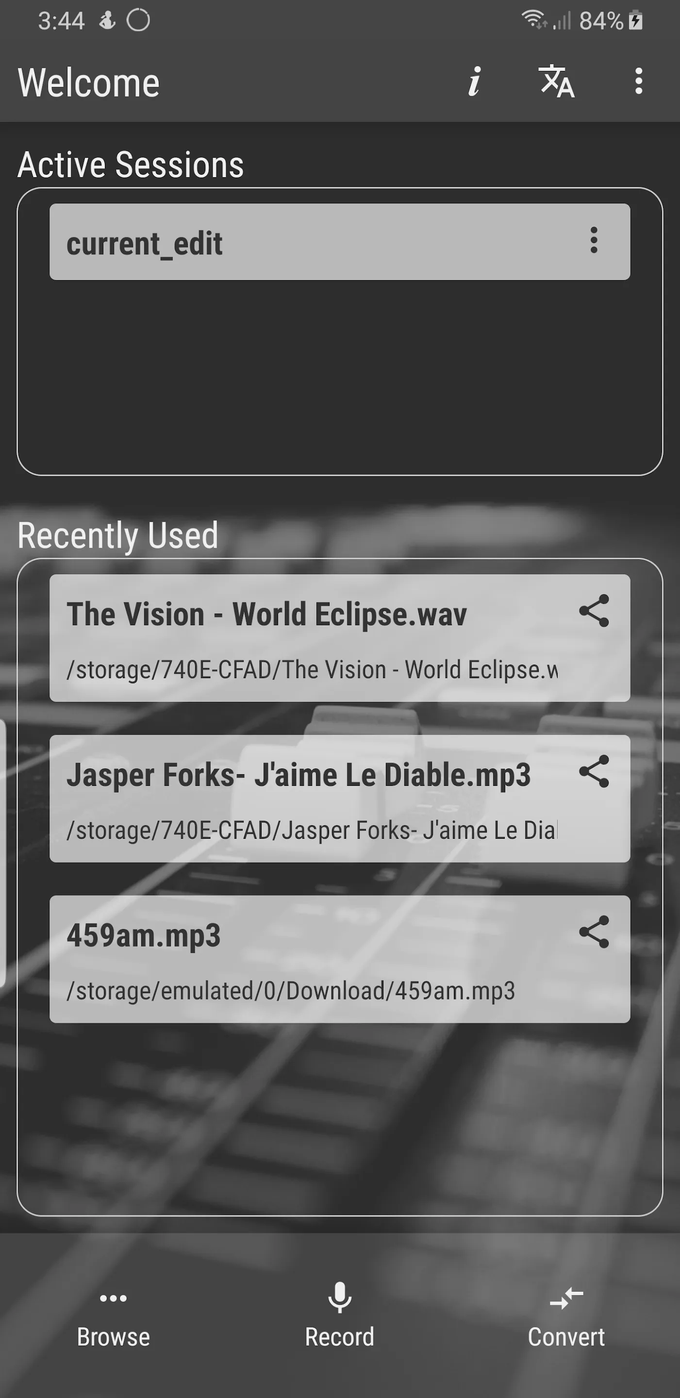 Главный экран WaveEditor на Android с разделами Browse, Record и Convert