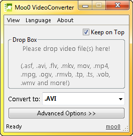Главное окно Moo0 VideoConverter с выбором AVI и кнопкой Advanced Options
