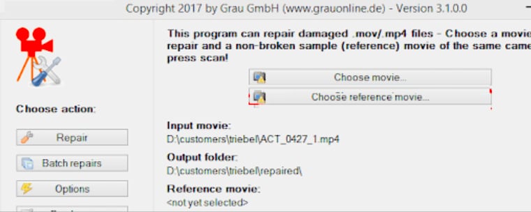 Интерфейс Grau Video Repair Tool