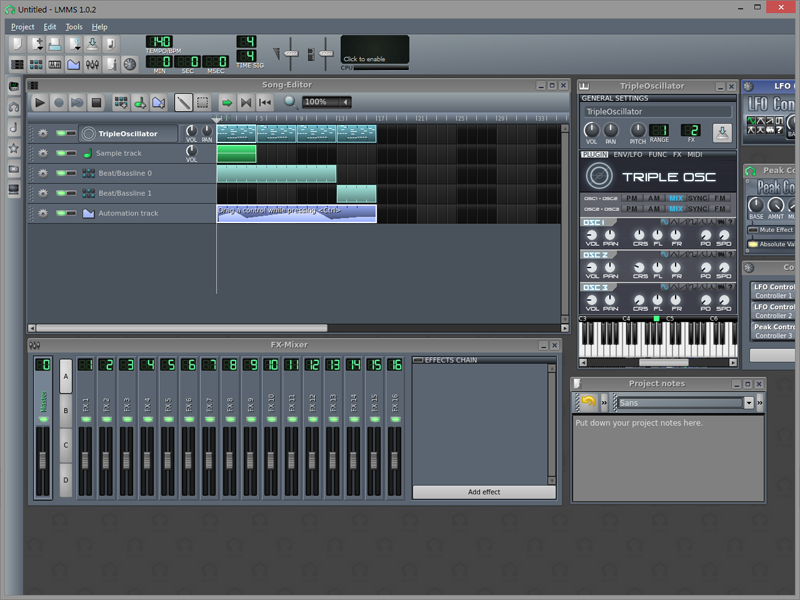 Интерфейс LMMS с Song Editor, синтезатором и FX Mixer