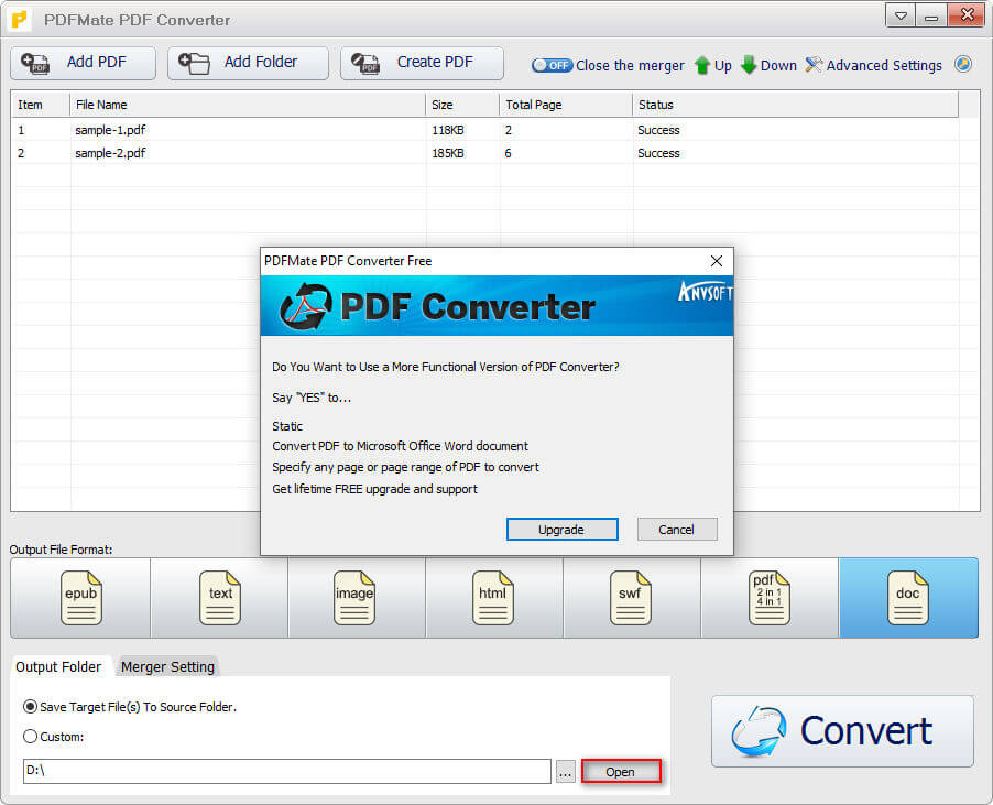 Завершённая конвертация в PDFMate PDF Converter со статусом Success и кнопкой Open
