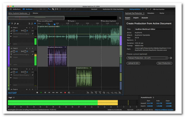 Волновая форма и панель эффектов Adobe Audition