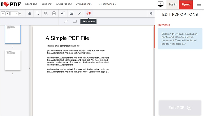 iLovePDF: интерфейс редактора PDF