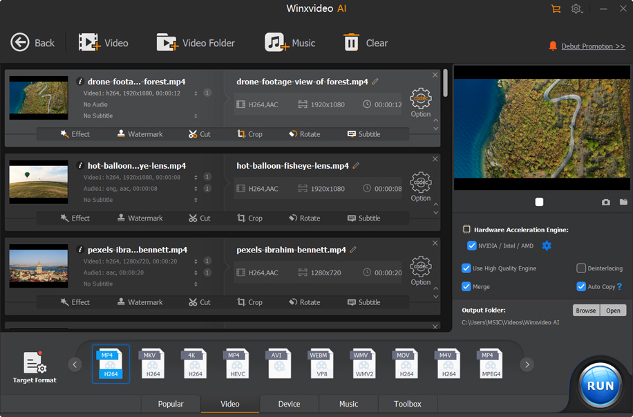 Окно Video Converter в Winxvideo AI с Target Format, Hardware Acceleration Engine и кнопкой RUN