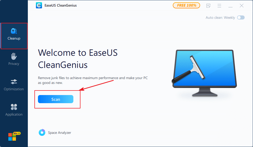Главный экран EaseUS CleanGenius для Windows с разделом Cleanup и кнопкой Scan