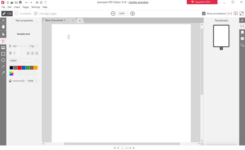 Пустая страница нового PDF в Icecream PDF Editor с инструментами текста и миниатюрой страницы