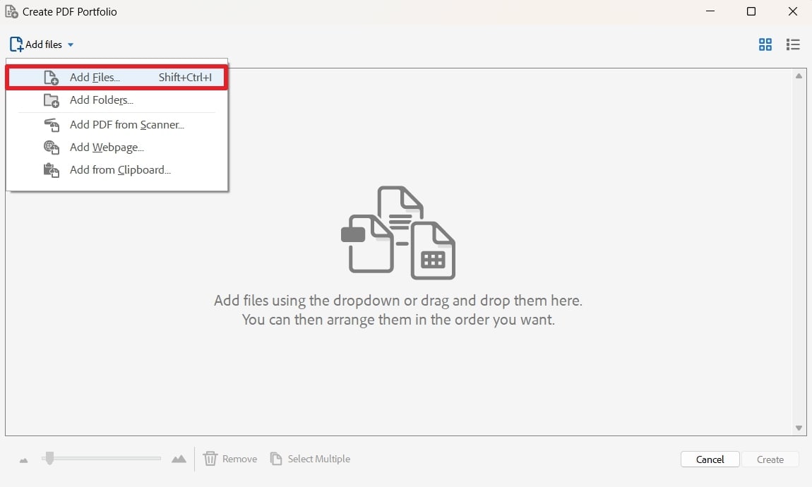 Окно Add files при создании PDF Portfolio в Adobe Acrobat
