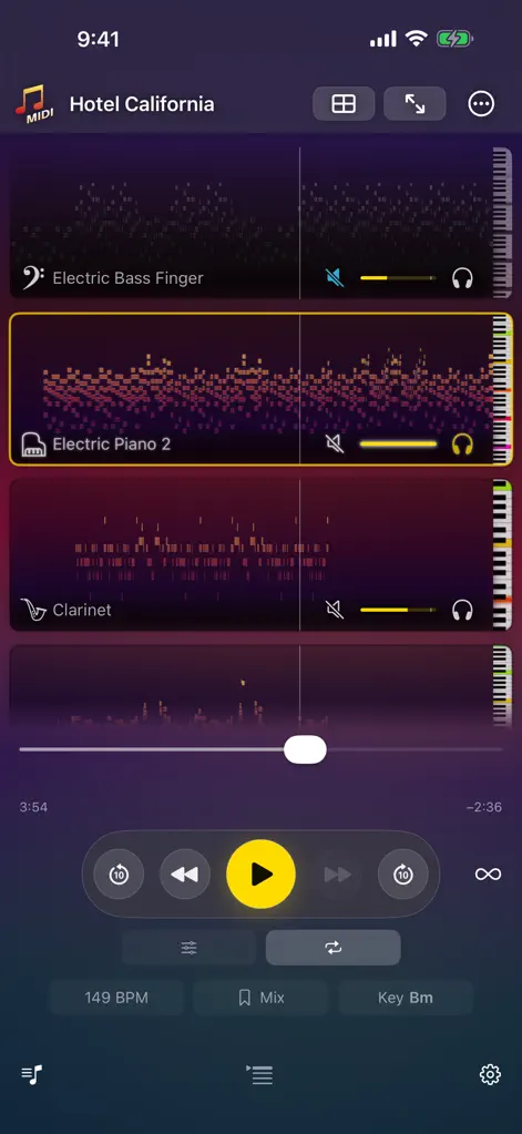 Интерфейс MIDI Opener с дорожками и визуализацией MIDI на iPhone