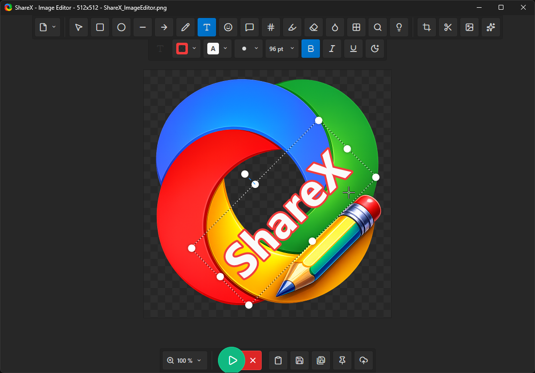Встроенный Image Editor в ShareX с панелью инструментов, текстом, фигурой и кнопками продолжения задачи