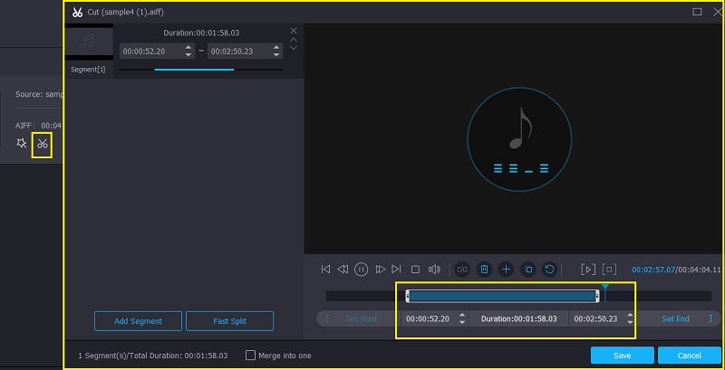 Окно Cut для редактирования AIFF в Vidmore Video Converter