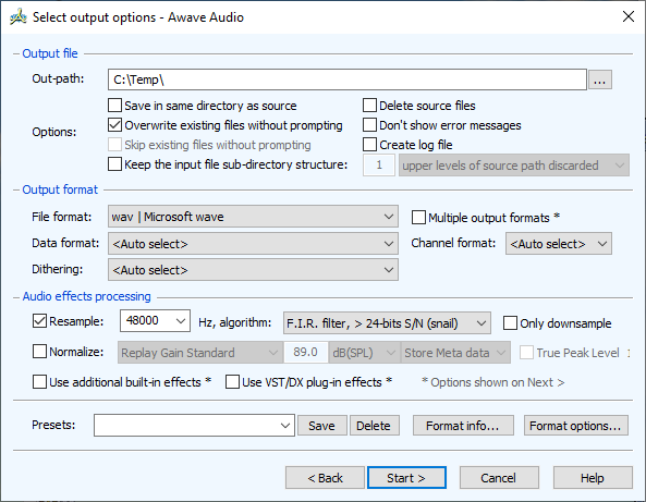 Awave Audio: Select output options с выбором Out-path, File format и Resample