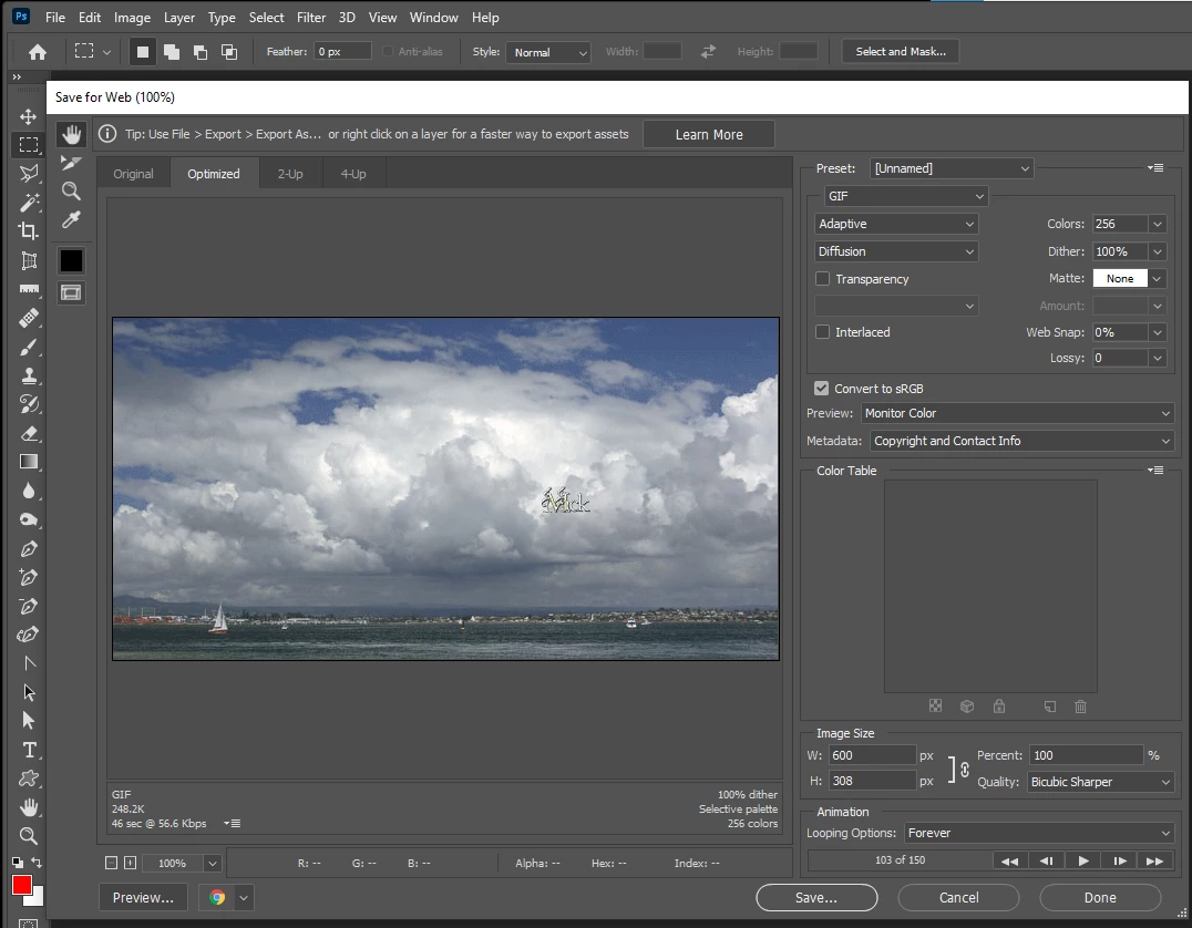 Adobe Photoshop: окно Save for Web с форматом GIF, палитрой, размером и Looping Options