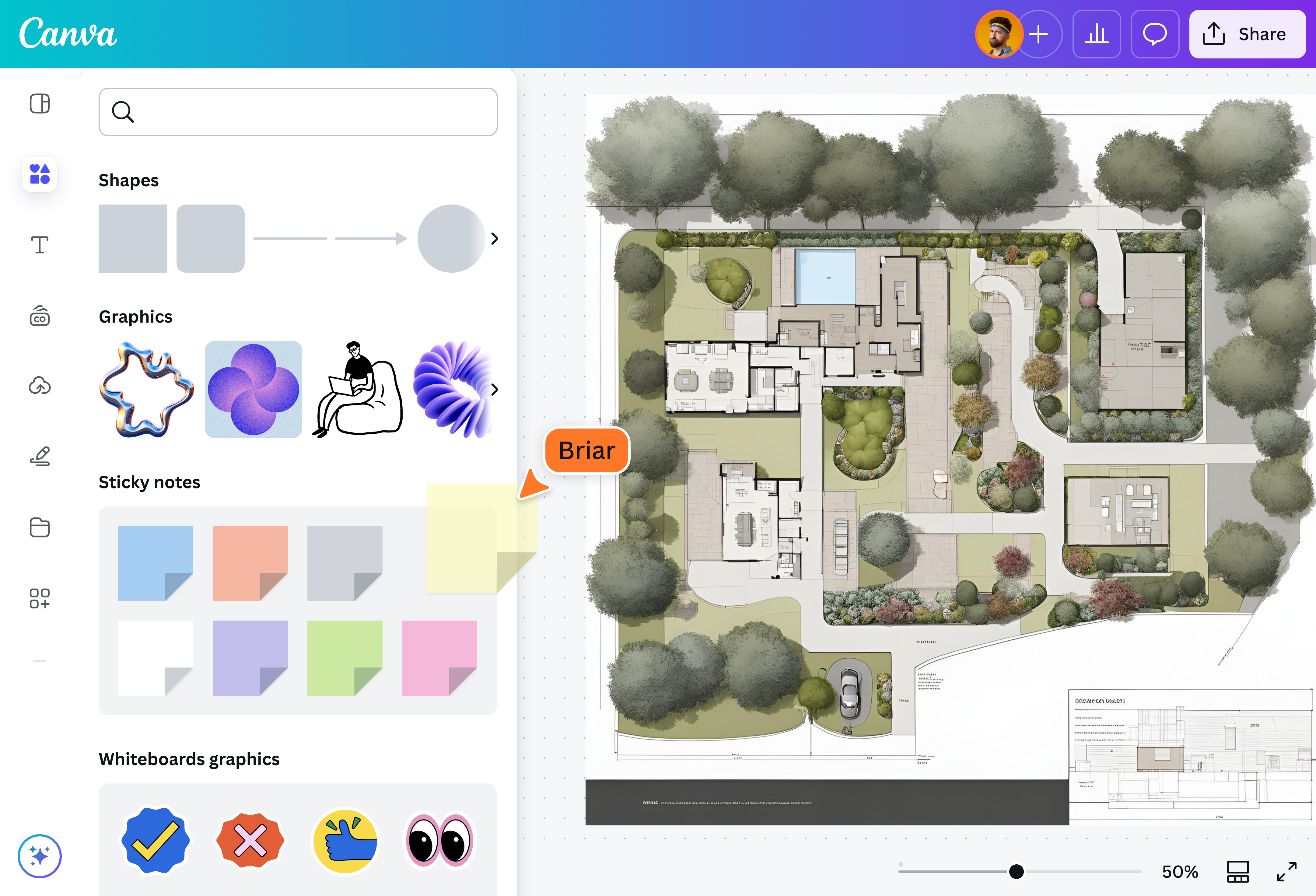 Canva Whiteboards: интерфейс создания site plan с формами, графикой и совместным доступом