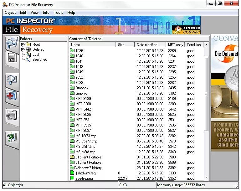 Главное окно PC INSPECTOR File Recovery с папками Root, Deleted, Lost и Searched
