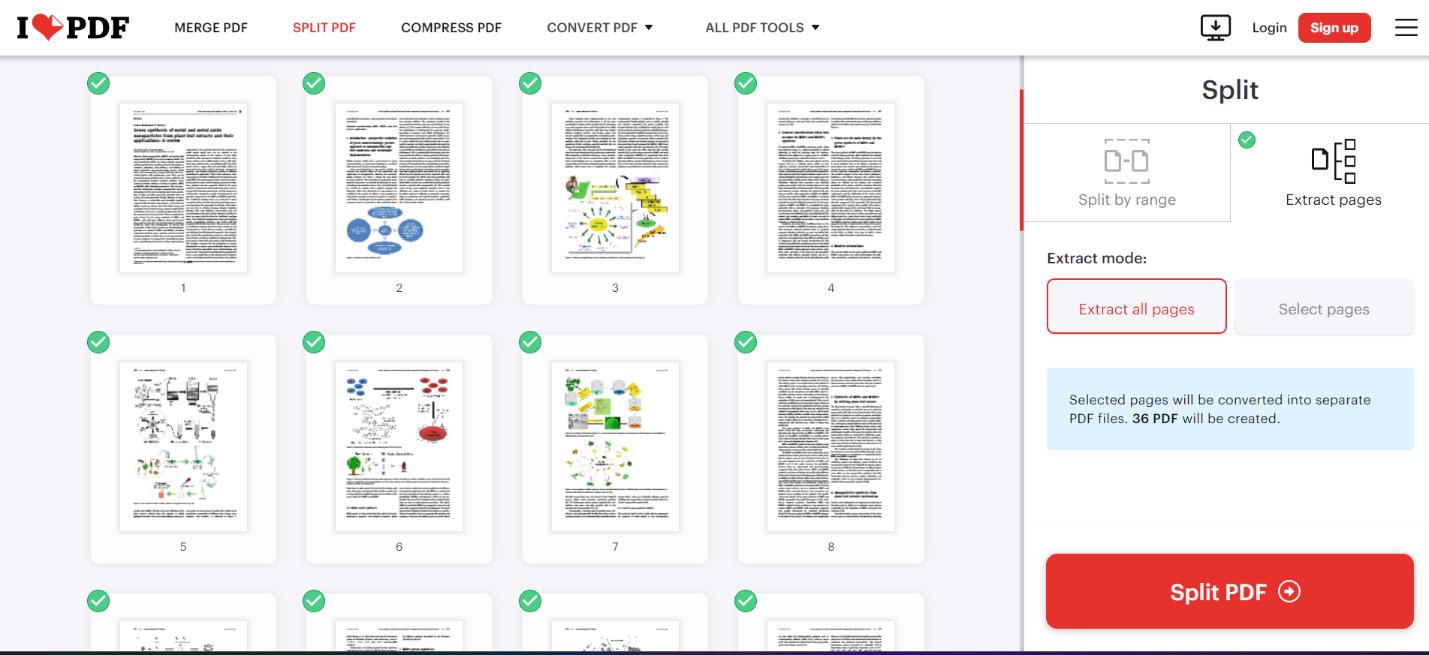 iLovePDF Split PDF с выбранными миниатюрами страниц в режиме извлечения