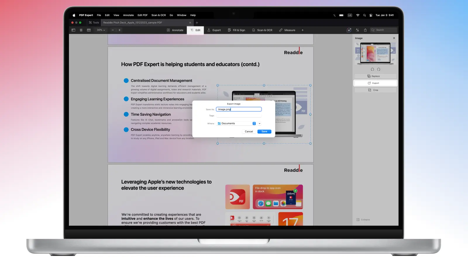 Выбранное изображение и команда Export в PDF Expert на Mac