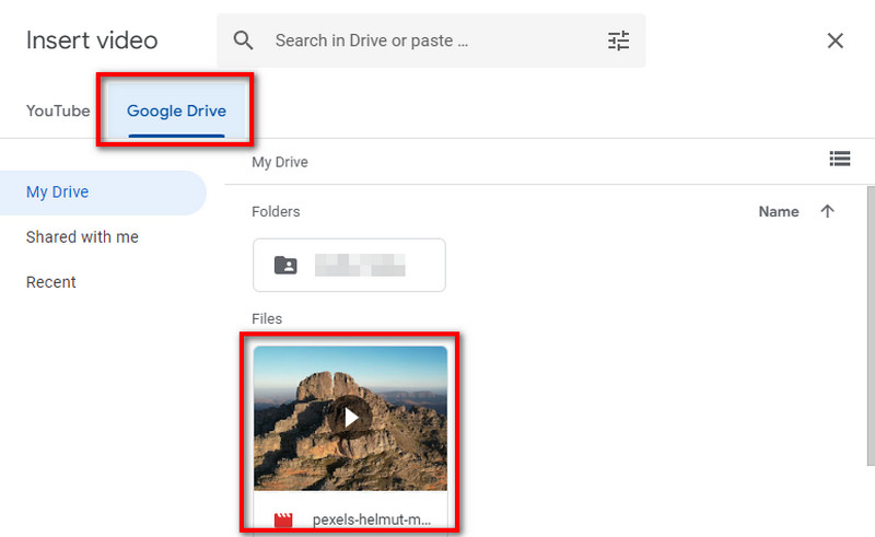 Выбор видео из Google Drive в диалоге Google Slides