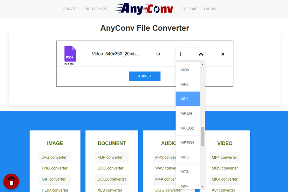 Интерфейс AnyConv с очередью файла, выбором выходного формата и кнопкой CONVERT