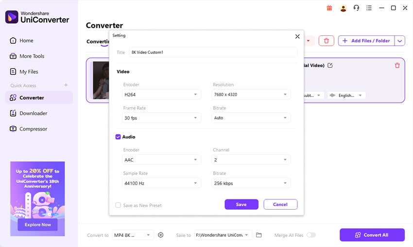 Расширенные параметры конвертации в Wondershare UniConverter