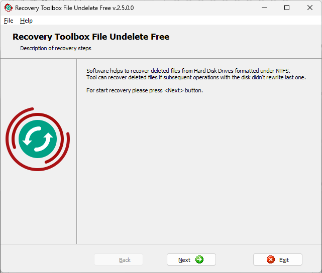 Стартовый экран Recovery Toolbox File Undelete Free