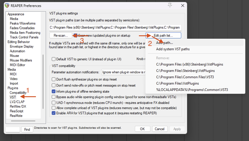 Настройки путей VST в REAPER Preferences