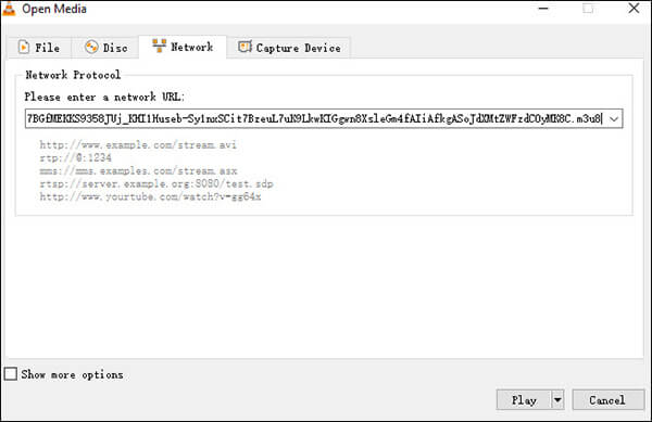 Поле Network URL в VLC с адресом M3U8