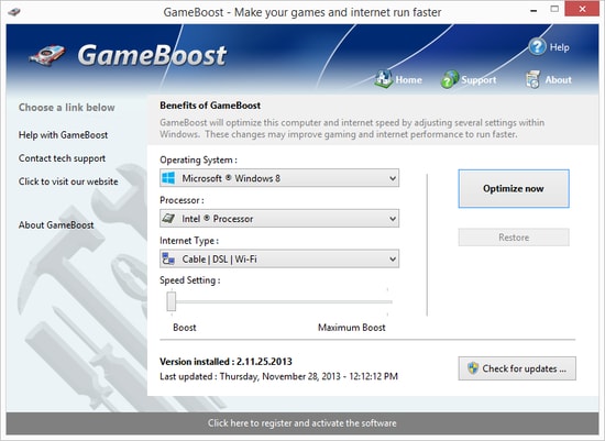 Окно GameBoost с выбором системы и уровня ускорения